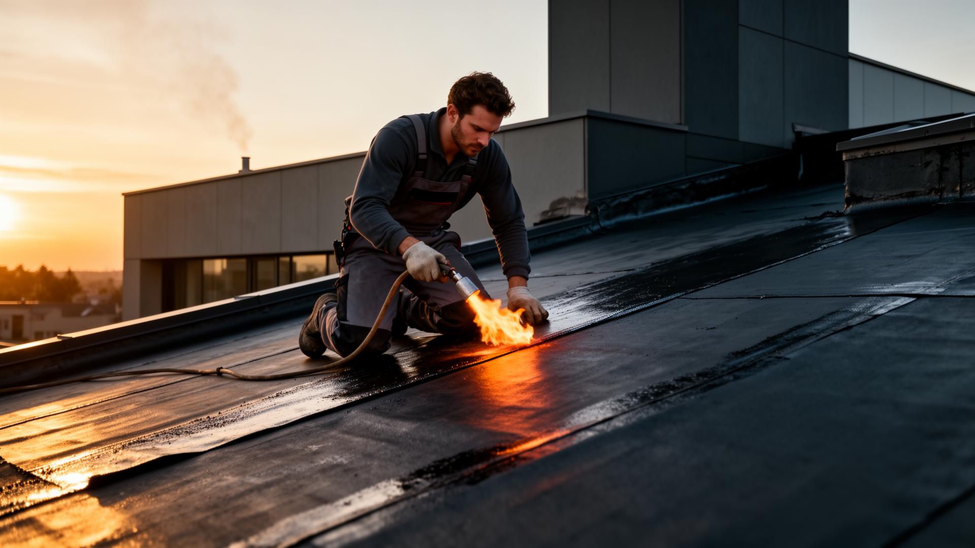 Waterproofing specialist installing torch-on membrane on a modern roof